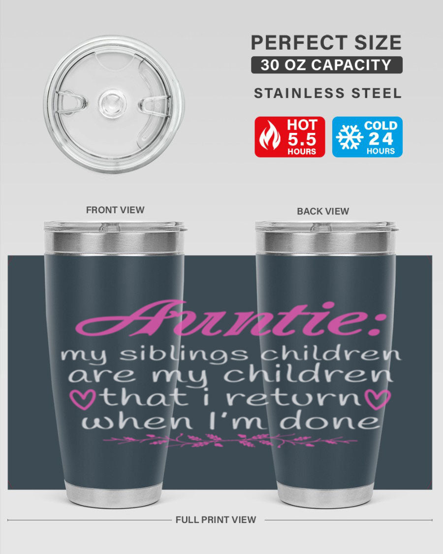 Auntie tumbler featuring a stylish design, made of double wall vacuum stainless steel, perfect for hot and cold beverages.