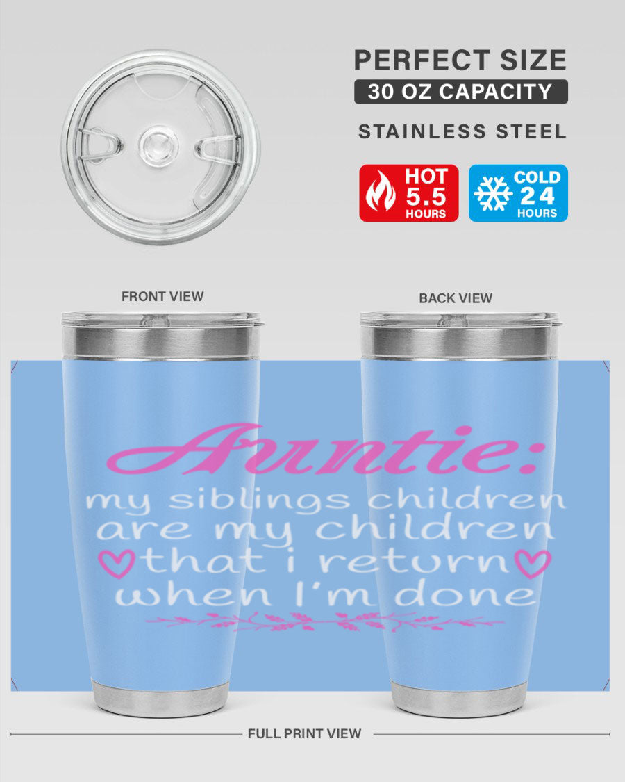 Auntie tumbler featuring a stylish design, made of double wall vacuum stainless steel, perfect for hot and cold beverages.