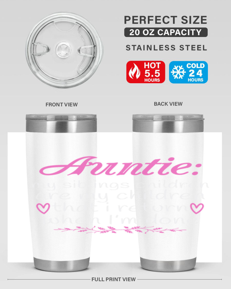 Auntie tumbler featuring a stylish design, made of double wall vacuum stainless steel, perfect for hot and cold beverages.