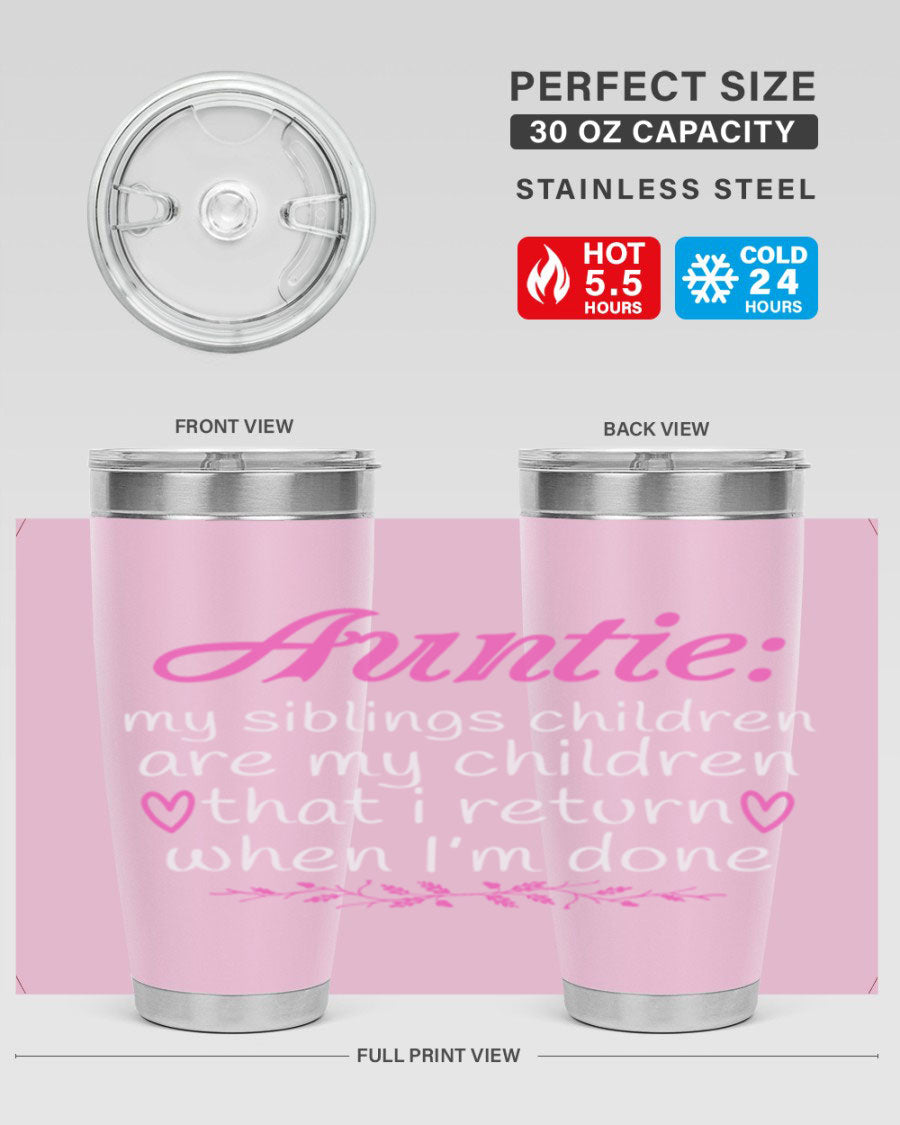 Auntie tumbler featuring a stylish design, made of double wall vacuum stainless steel, perfect for hot and cold beverages.