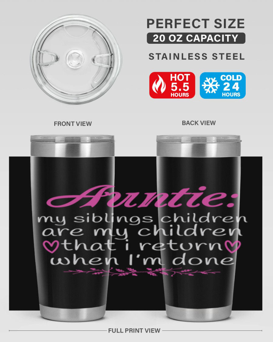 Auntie tumbler featuring a stylish design, made of double wall vacuum stainless steel, perfect for hot and cold beverages.