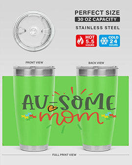 Ausome Mom Style 4# Autism Tumbler in stainless steel with vibrant autism-themed design, featuring a drink-thru lid.