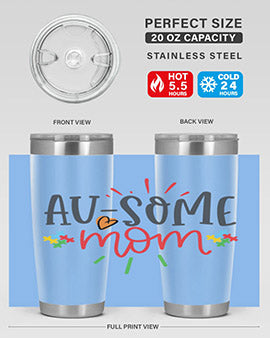 Ausome Mom Style 4# Autism Tumbler in stainless steel with vibrant autism-themed design, featuring a drink-thru lid.