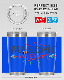 Ausome Mom Style 4# Autism Tumbler in stainless steel with vibrant autism-themed design, featuring a drink-thru lid.