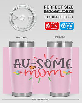 Ausome Mom Style 4# Autism Tumbler in stainless steel with vibrant autism-themed design, featuring a drink-thru lid.