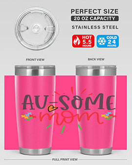 Ausome Mom Style 4# Autism Tumbler in stainless steel with vibrant autism-themed design, featuring a drink-thru lid.