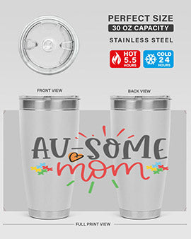 Ausome Mom Style 4# Autism Tumbler in stainless steel with vibrant autism-themed design, featuring a drink-thru lid.