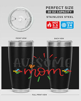 Ausome Mom Style 4# Autism Tumbler in stainless steel with vibrant autism-themed design, featuring a drink-thru lid.