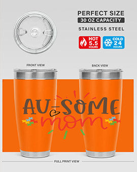 Ausome Mom Style 4# Autism Tumbler in stainless steel with vibrant autism-themed design, featuring a drink-thru lid.