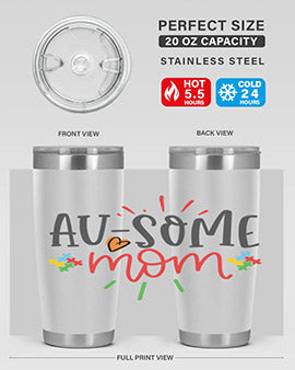 Ausome Mom Style 4# Autism Tumbler in stainless steel with vibrant autism-themed design, featuring a drink-thru lid.