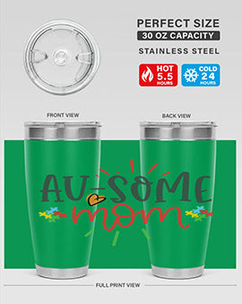 Ausome Mom Style 4# Autism Tumbler in stainless steel with vibrant autism-themed design, featuring a drink-thru lid.