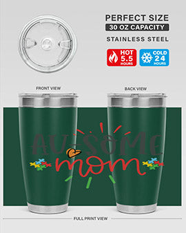 Ausome Mom Style 4# Autism Tumbler in stainless steel with vibrant autism-themed design, featuring a drink-thru lid.