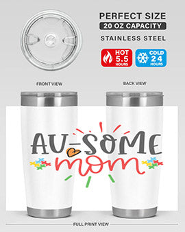 Ausome Mom Style 4# Autism Tumbler in stainless steel with vibrant autism-themed design, featuring a drink-thru lid.