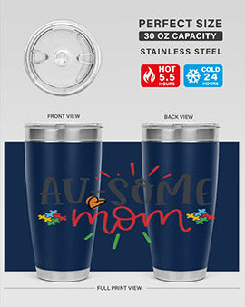 Ausome Mom Style 4# Autism Tumbler in stainless steel with vibrant autism-themed design, featuring a drink-thru lid.