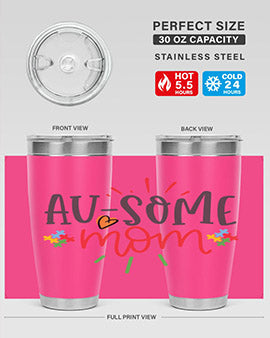 Ausome Mom Style 4# Autism Tumbler in stainless steel with vibrant autism-themed design, featuring a drink-thru lid.