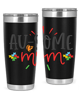 Ausome Mom Style 4# Autism Tumbler in stainless steel with vibrant autism-themed design, featuring a drink-thru lid.