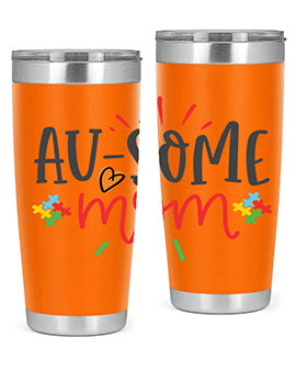 Ausome Mom Style 4# Autism Tumbler in stainless steel with vibrant autism-themed design, featuring a drink-thru lid.