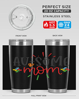 Ausome Mom Style 4# Autism Tumbler in stainless steel with vibrant autism-themed design, featuring a drink-thru lid.