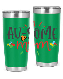 Ausome Mom Style 4# Autism Tumbler in stainless steel with vibrant autism-themed design, featuring a drink-thru lid.