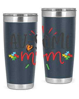 Ausome Mom Style 4# Autism Tumbler in stainless steel with vibrant autism-themed design, featuring a drink-thru lid.