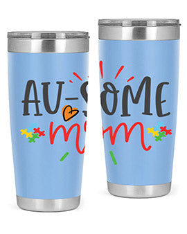 Ausome Mom Style 4# Autism Tumbler in stainless steel with vibrant autism-themed design, featuring a drink-thru lid.