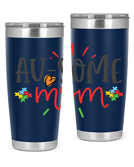 Ausome Mom Style 4# Autism Tumbler in stainless steel with vibrant autism-themed design, featuring a drink-thru lid.