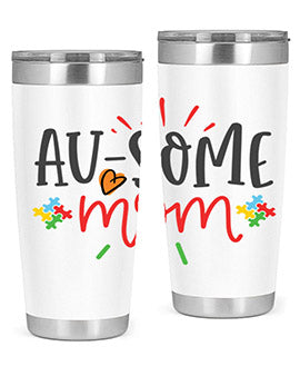 Ausome Mom Style 4# Autism Tumbler in stainless steel with vibrant autism-themed design, featuring a drink-thru lid.