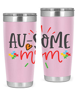 Ausome Mom Style 4# Autism Tumbler in stainless steel with vibrant autism-themed design, featuring a drink-thru lid.