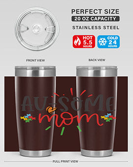 Ausome Mom Style 4# Autism Tumbler in stainless steel with vibrant autism-themed design, featuring a drink-thru lid.