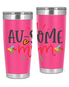 Ausome Mom Style 4# Autism Tumbler in stainless steel with vibrant autism-themed design, featuring a drink-thru lid.