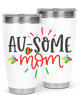 Ausome Mom Style 4# Autism Tumbler in stainless steel with vibrant autism-themed design, featuring a drink-thru lid.