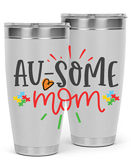 Ausome Mom Style 4# Autism Tumbler in stainless steel with vibrant autism-themed design, featuring a drink-thru lid.