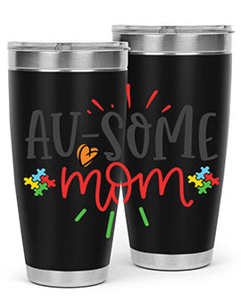 Ausome Mom Style 4# Autism Tumbler in stainless steel with vibrant autism-themed design, featuring a drink-thru lid.