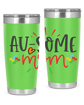 Ausome Mom Style 4# Autism Tumbler in stainless steel with vibrant autism-themed design, featuring a drink-thru lid.