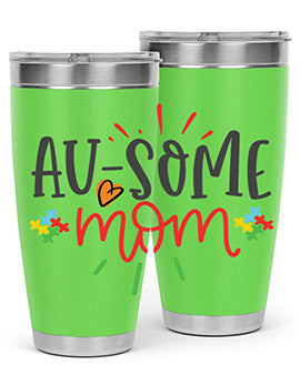 Ausome Mom Style 4# Autism Tumbler in stainless steel with vibrant autism-themed design, featuring a drink-thru lid.