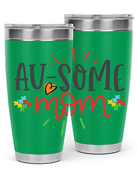 Ausome Mom Style 4# Autism Tumbler in stainless steel with vibrant autism-themed design, featuring a drink-thru lid.