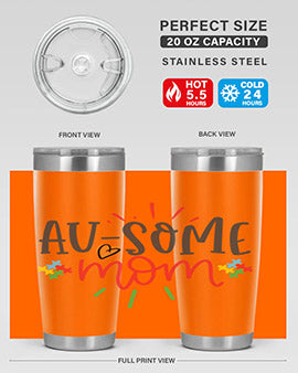 Ausome Mom Style 4# Autism Tumbler in stainless steel with vibrant autism-themed design, featuring a drink-thru lid.