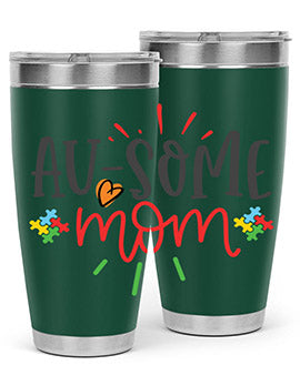 Ausome Mom Style 4# Autism Tumbler in stainless steel with vibrant autism-themed design, featuring a drink-thru lid.