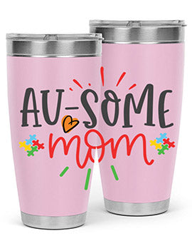 Ausome Mom Style 4# Autism Tumbler in stainless steel with vibrant autism-themed design, featuring a drink-thru lid.