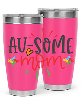 Ausome Mom Style 4# Autism Tumbler in stainless steel with vibrant autism-themed design, featuring a drink-thru lid.