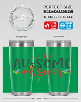 Ausome Mom Style 4# Autism Tumbler in stainless steel with vibrant autism-themed design, featuring a drink-thru lid.