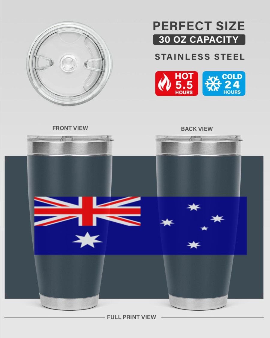 Australia 189# Tumbler showcasing double wall vacuum stainless steel design with vibrant printed flag design.