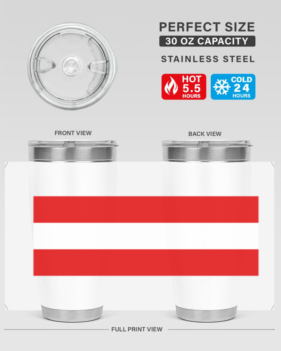 Austria 188# Tumbler showcasing double wall vacuum stainless steel design with vibrant printed flag design.