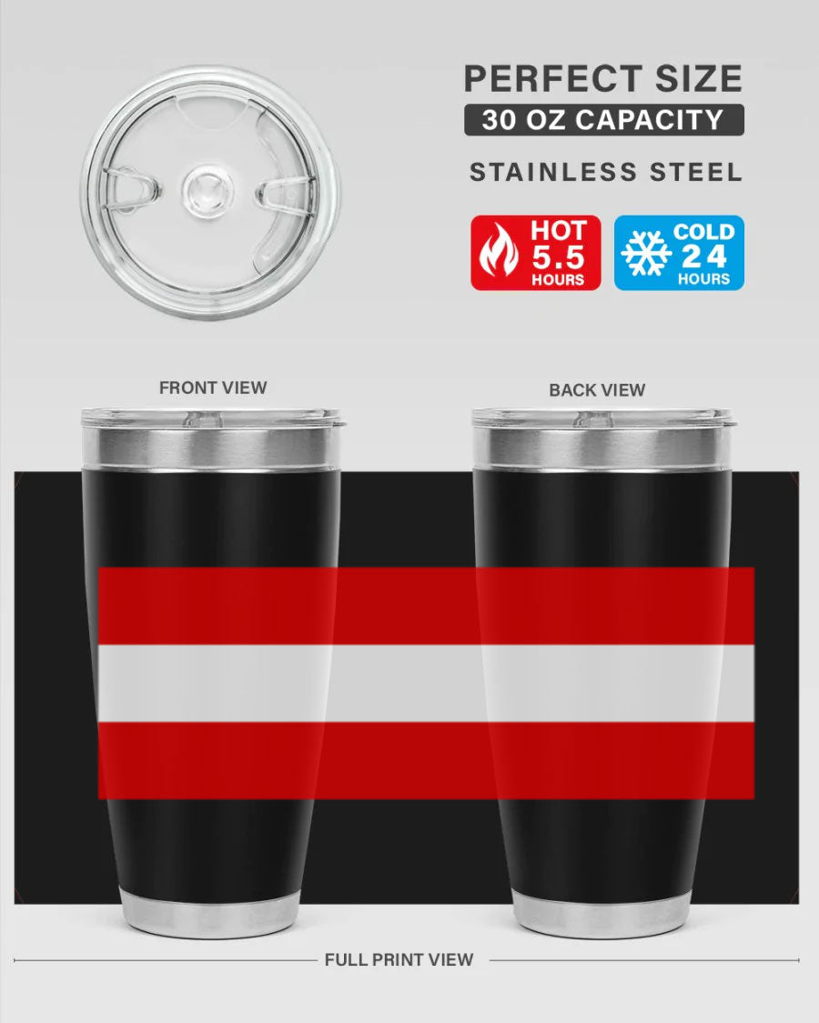 Austria 188# Tumbler showcasing double wall vacuum stainless steel design with vibrant printed flag design.