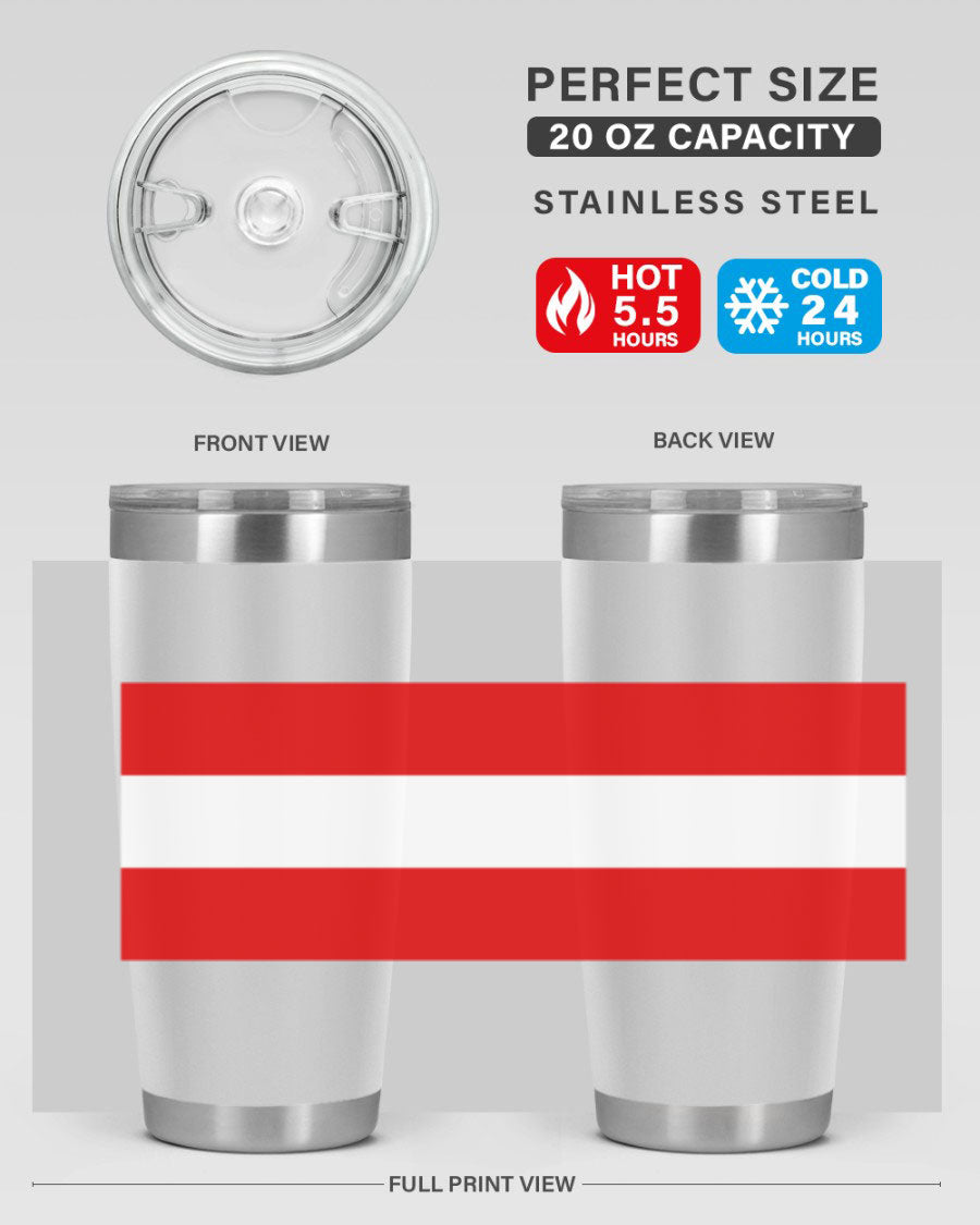 Austria 188# Tumbler showcasing double wall vacuum stainless steel design with vibrant printed flag design.