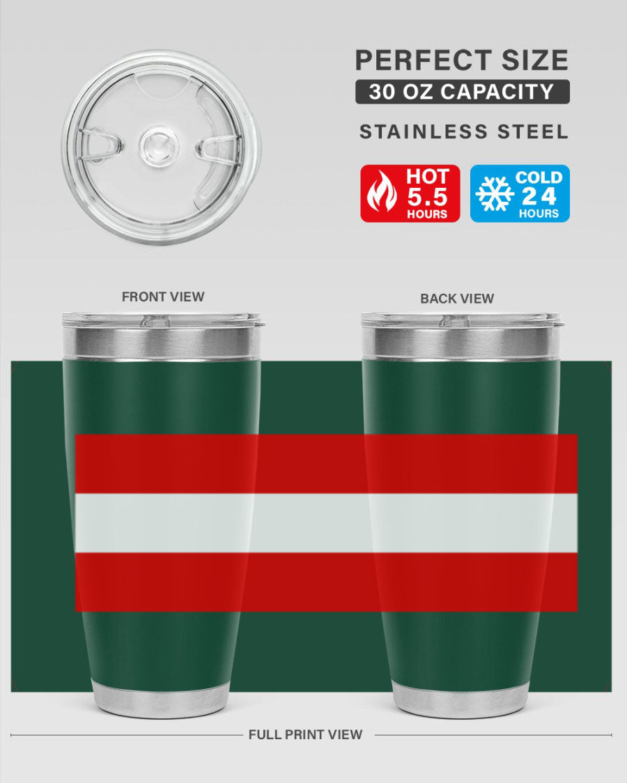 Austria 188# Tumbler showcasing double wall vacuum stainless steel design with vibrant printed flag design.