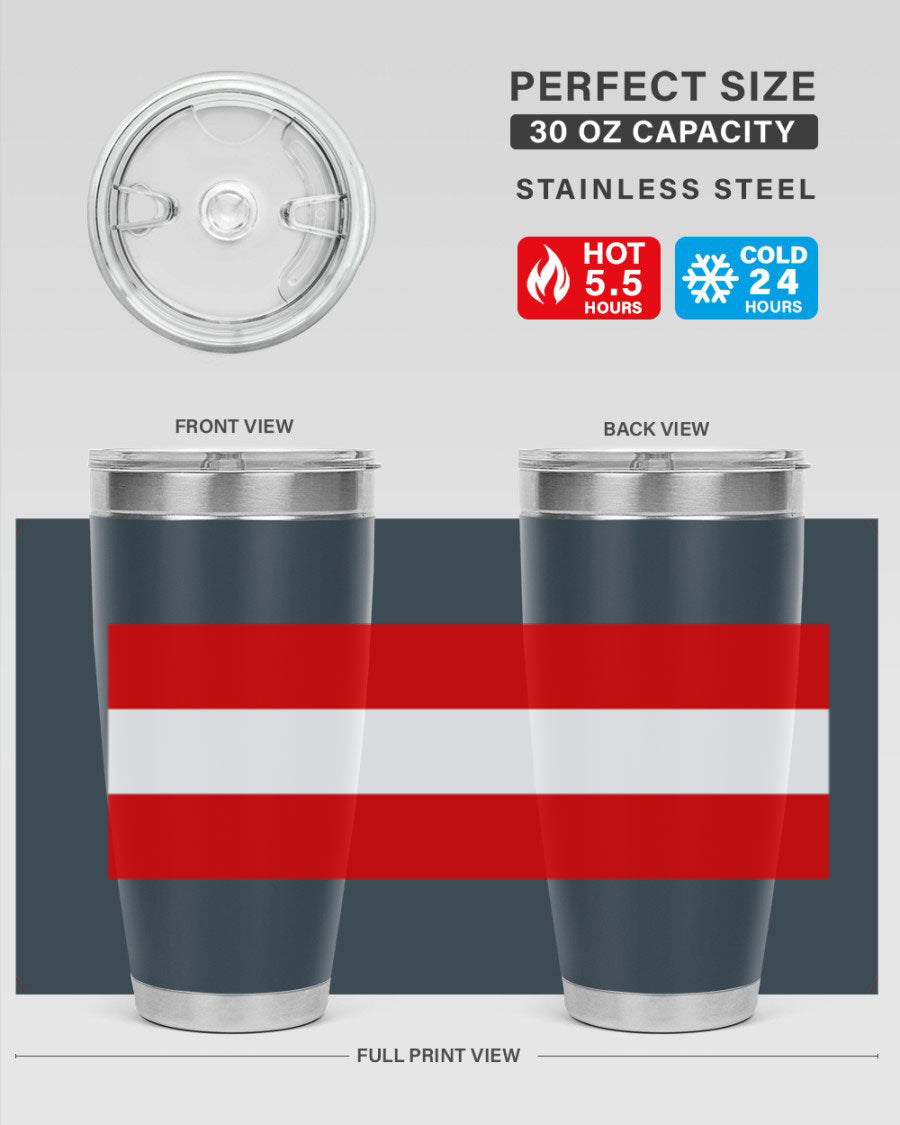 Austria 188# Tumbler showcasing double wall vacuum stainless steel design with vibrant printed flag design.