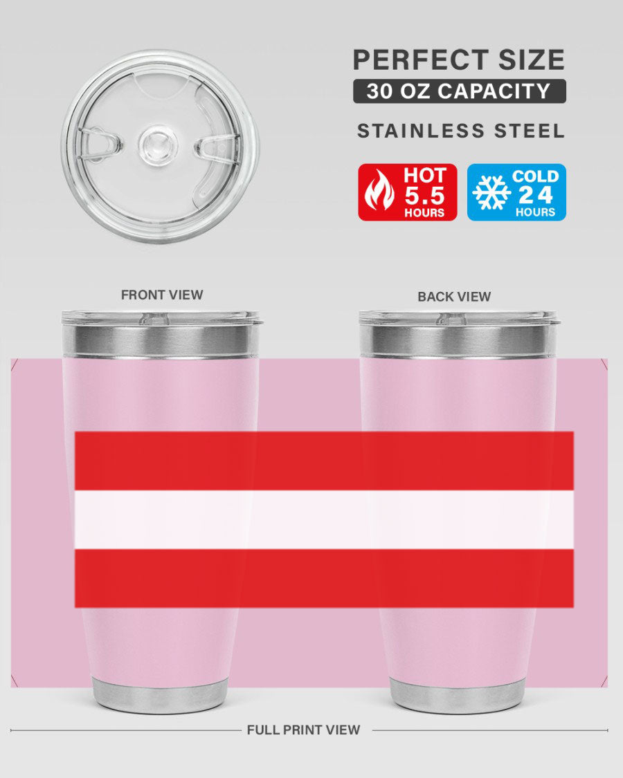 Austria 188# Tumbler showcasing double wall vacuum stainless steel design with vibrant printed flag design.