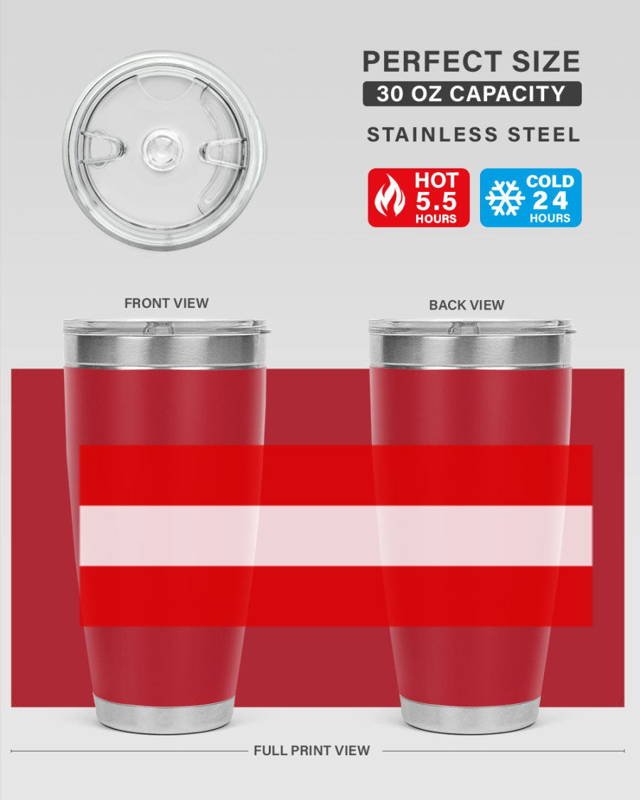 Austria 188# Tumbler showcasing double wall vacuum stainless steel design with vibrant printed flag design.