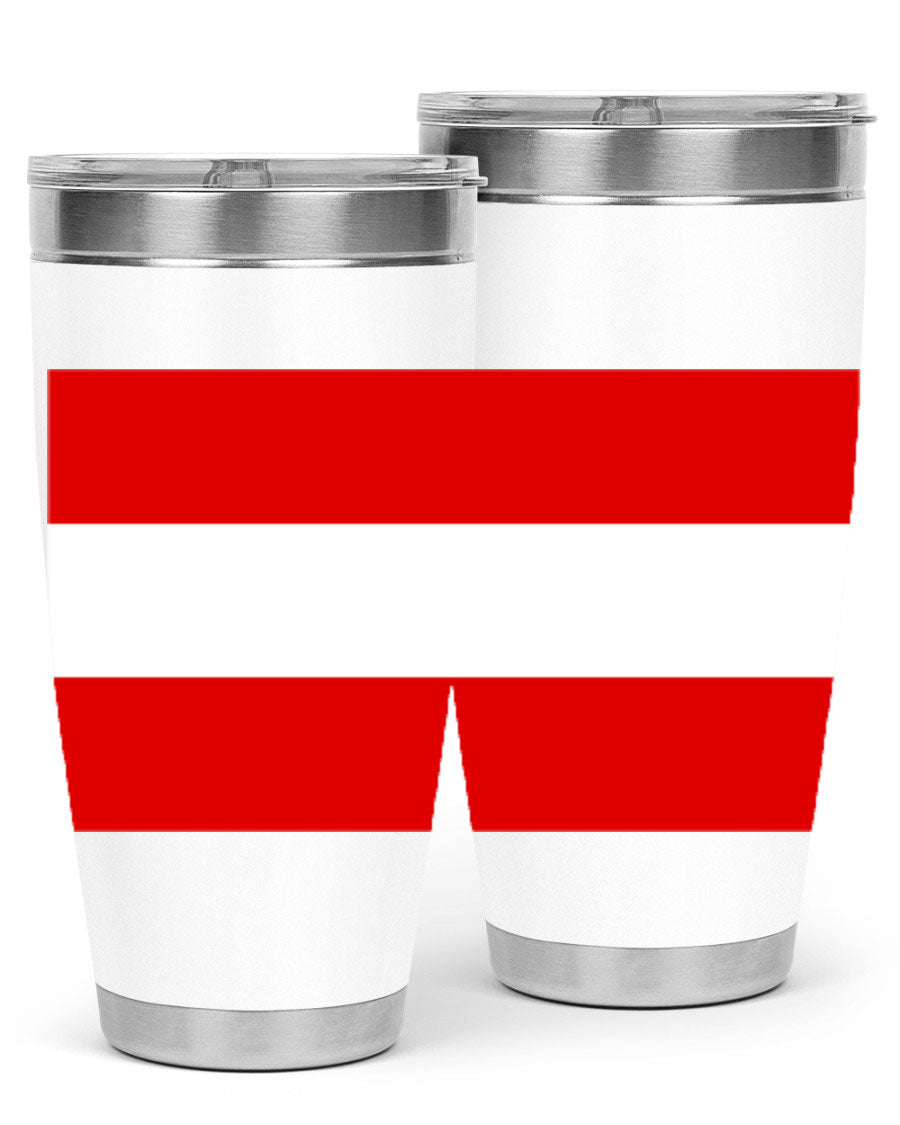 Austria 188# Tumbler showcasing double wall vacuum stainless steel design with vibrant printed flag design.